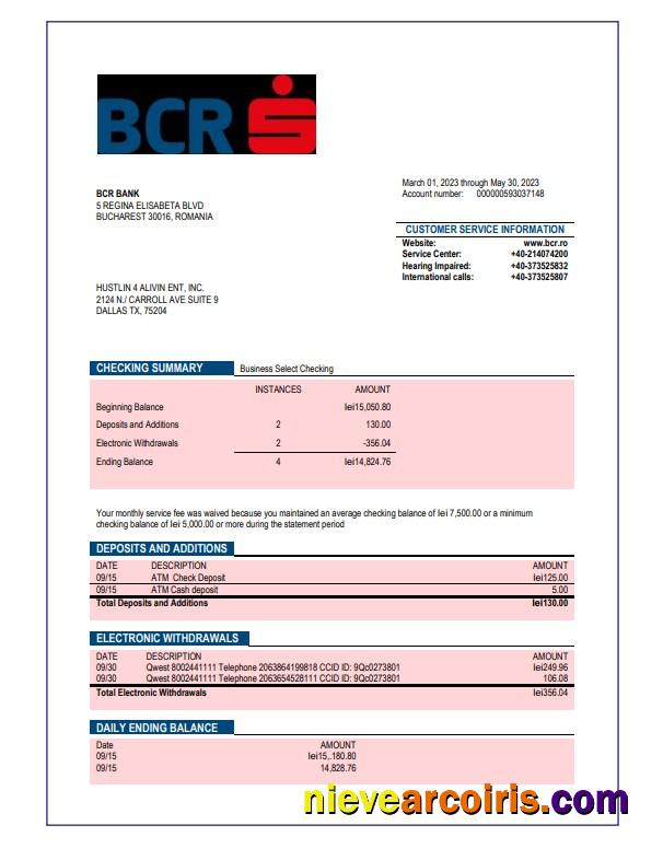 BCR Bank company checking account statement